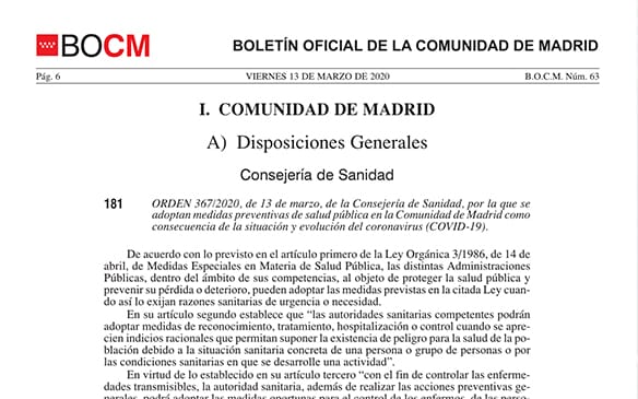 ORDEN 367/2020, de 13 de marzo, de la Consejería de Sanidad, por la que se adoptan medidas preventivas de salud pública en la Comunidad de Madrid como consecuencia de la situación y evolución del coronavirus (COVID-19)